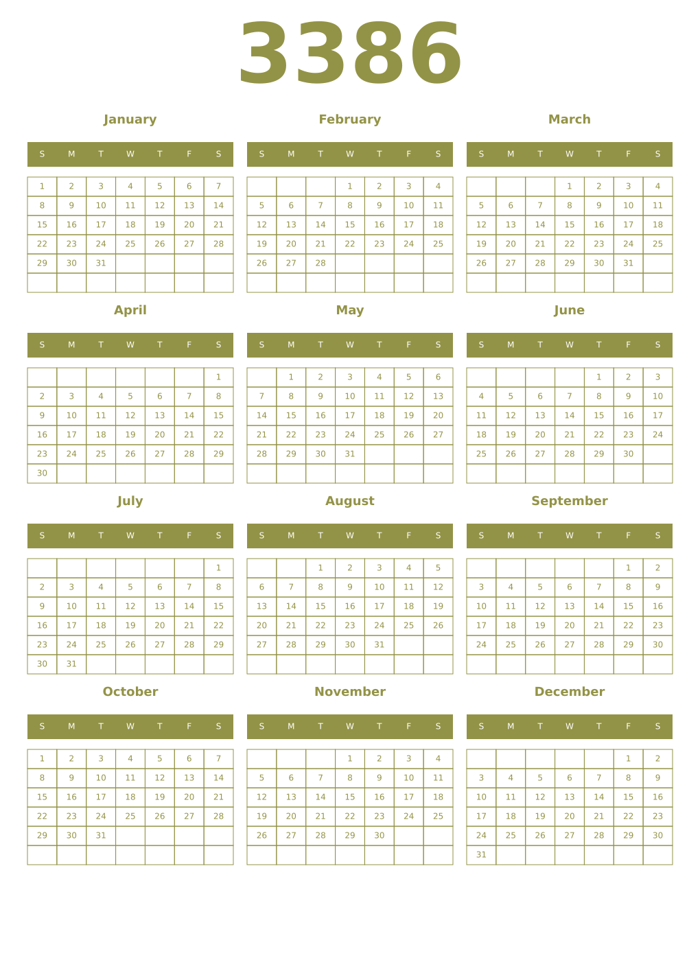 Printable 3386 Year Calendars eburnean