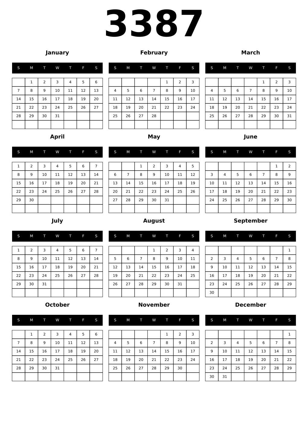 Printable 3387 Year Calendars black