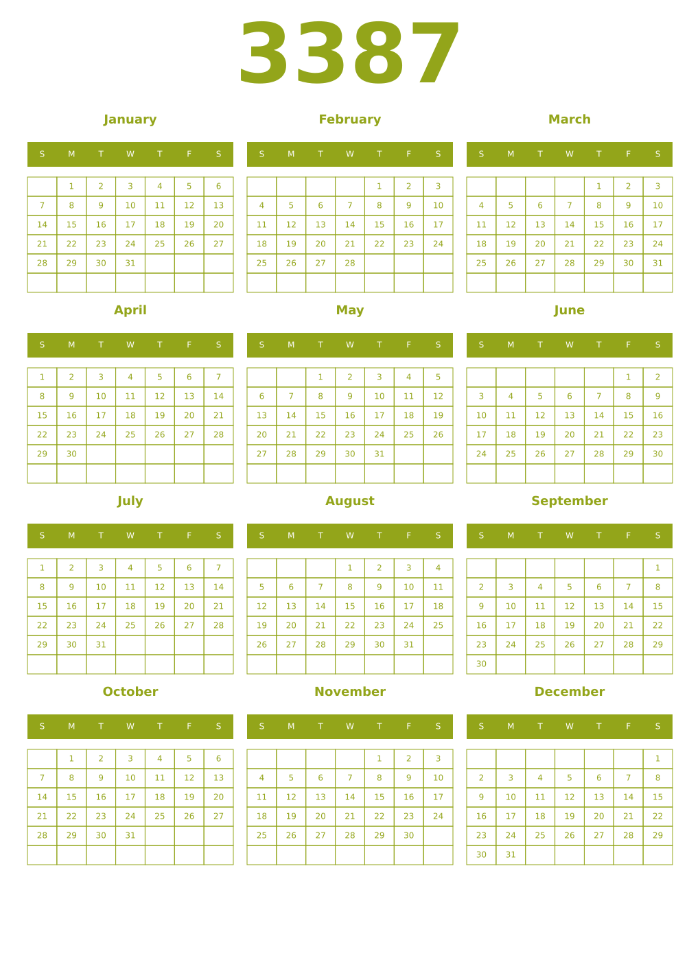 Printable 3387 Year Calendars chartreuse