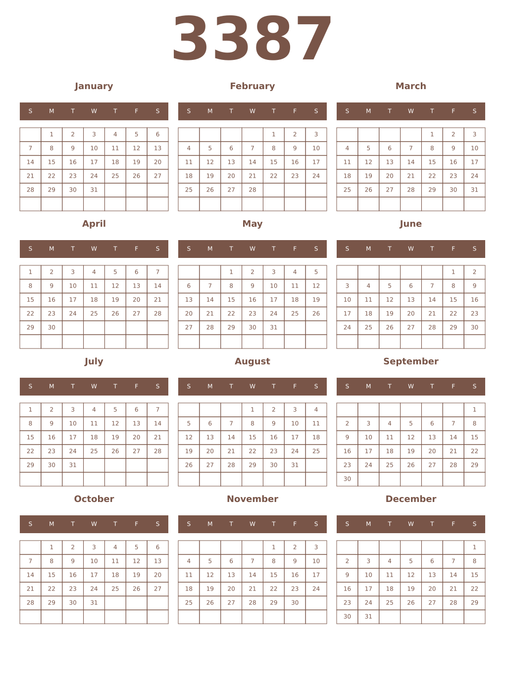 Printable 3387 Year Calendars coffe