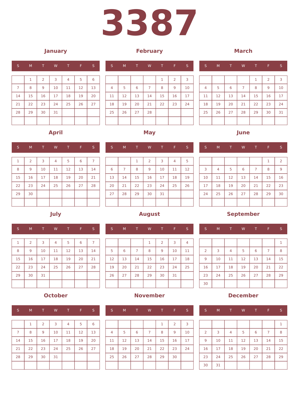Printable 3387 Year Calendars cordovan