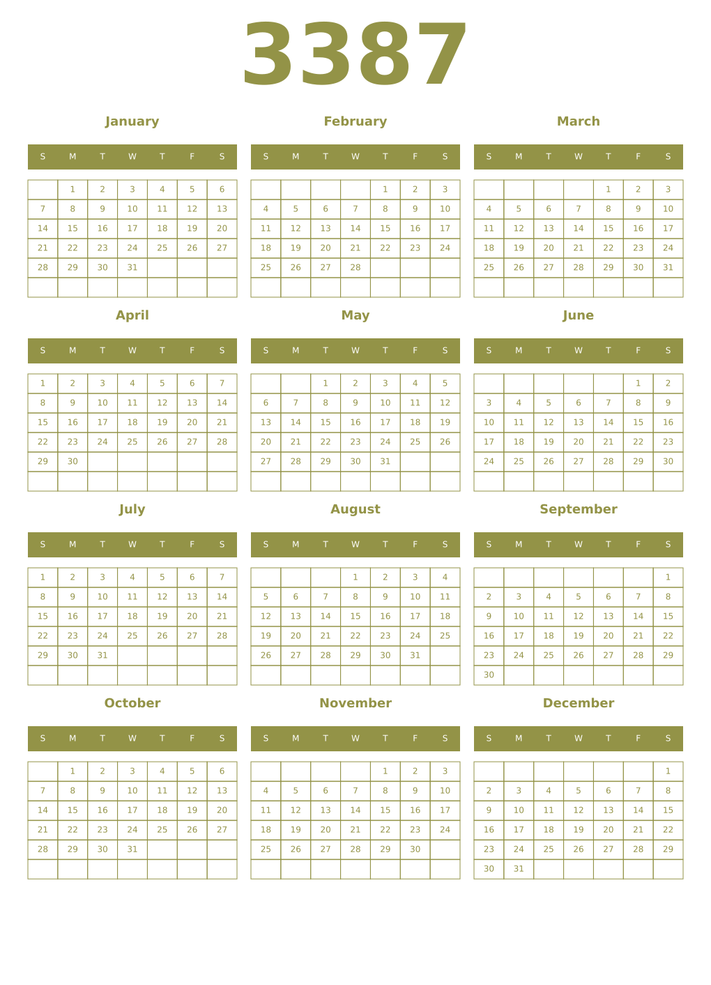 Printable 3387 Year Calendars eburnean