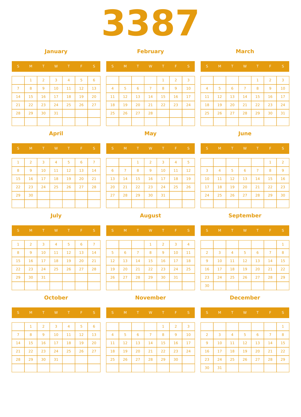 Printable 3387 Year Calendars gamboge