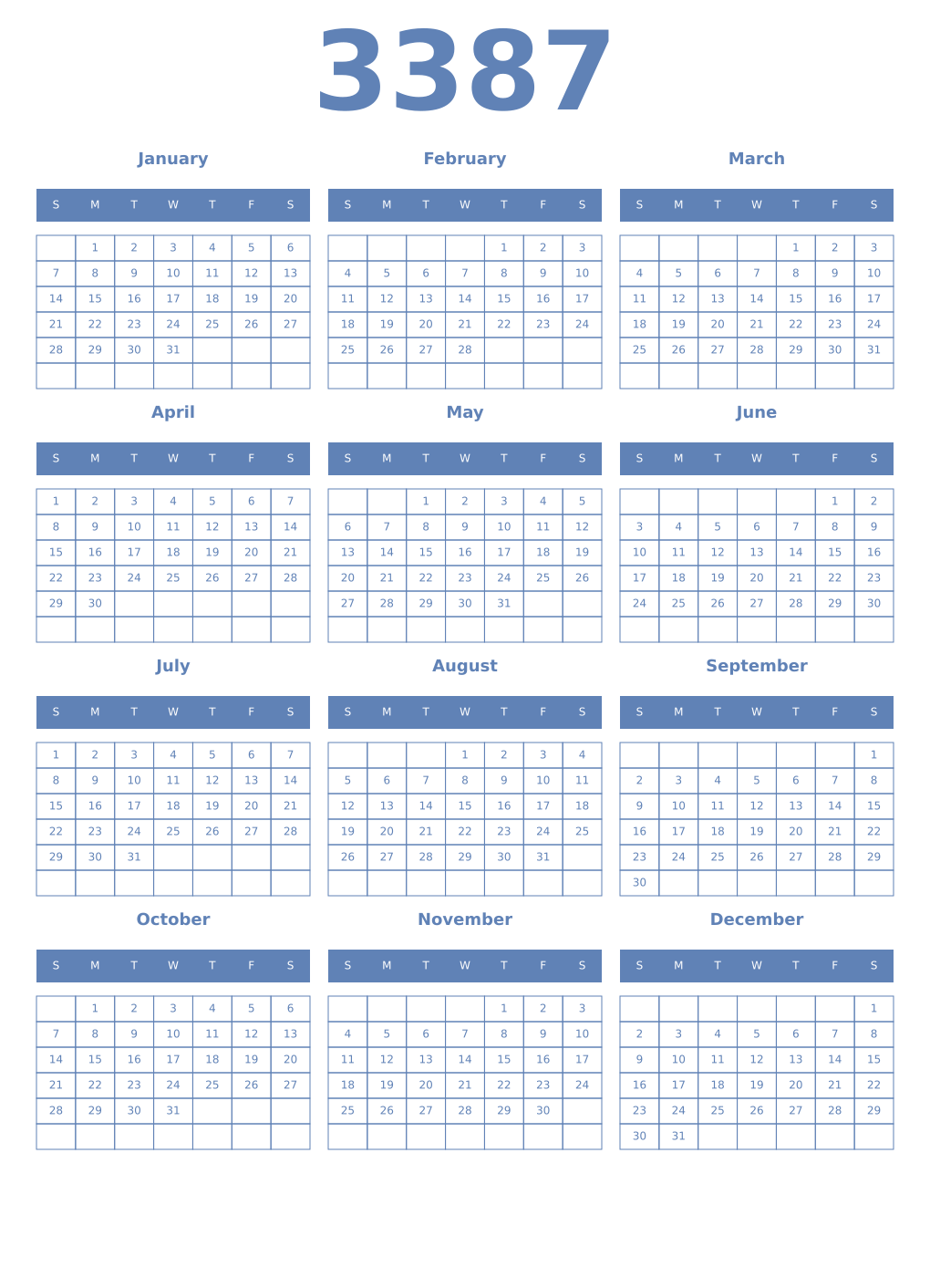 Printable 3387 Year Calendars glaucous
