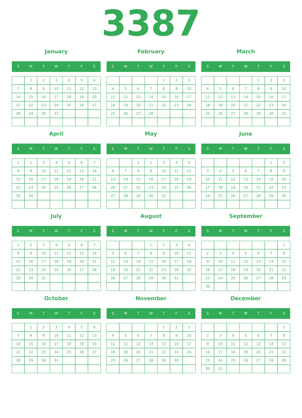 Printable 3387 Year Calendars green