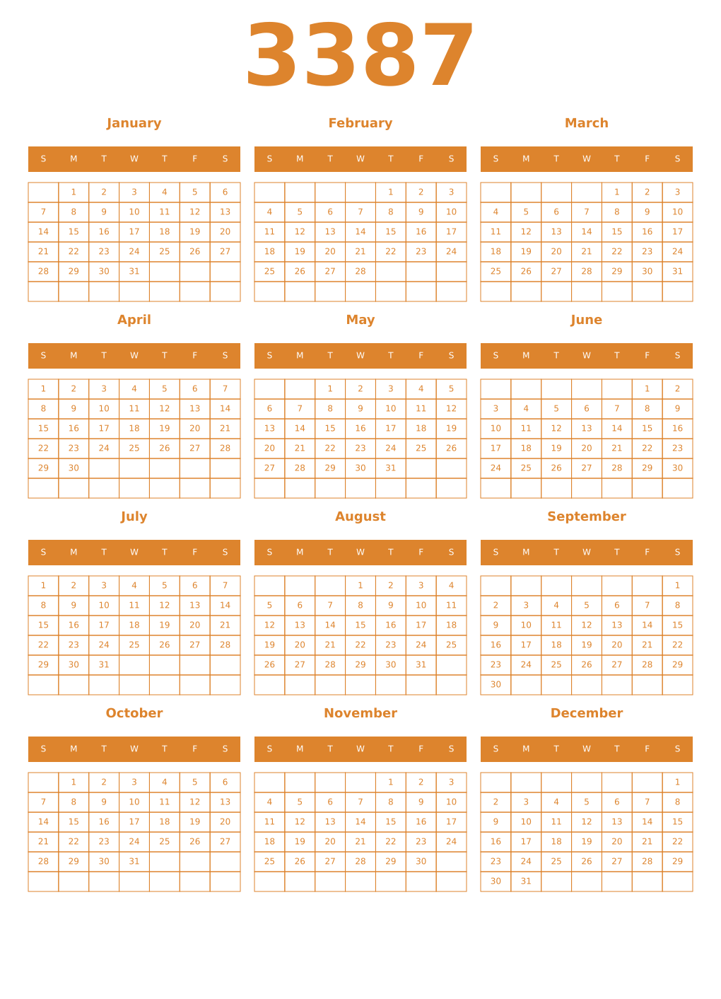 Printable 3387 Year Calendars orange