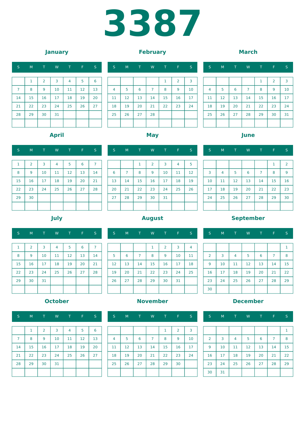 Printable 3387 Year Calendars pastel