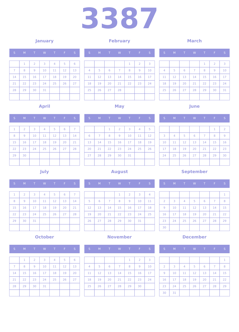 Printable 3387 Year Calendars periwinkle