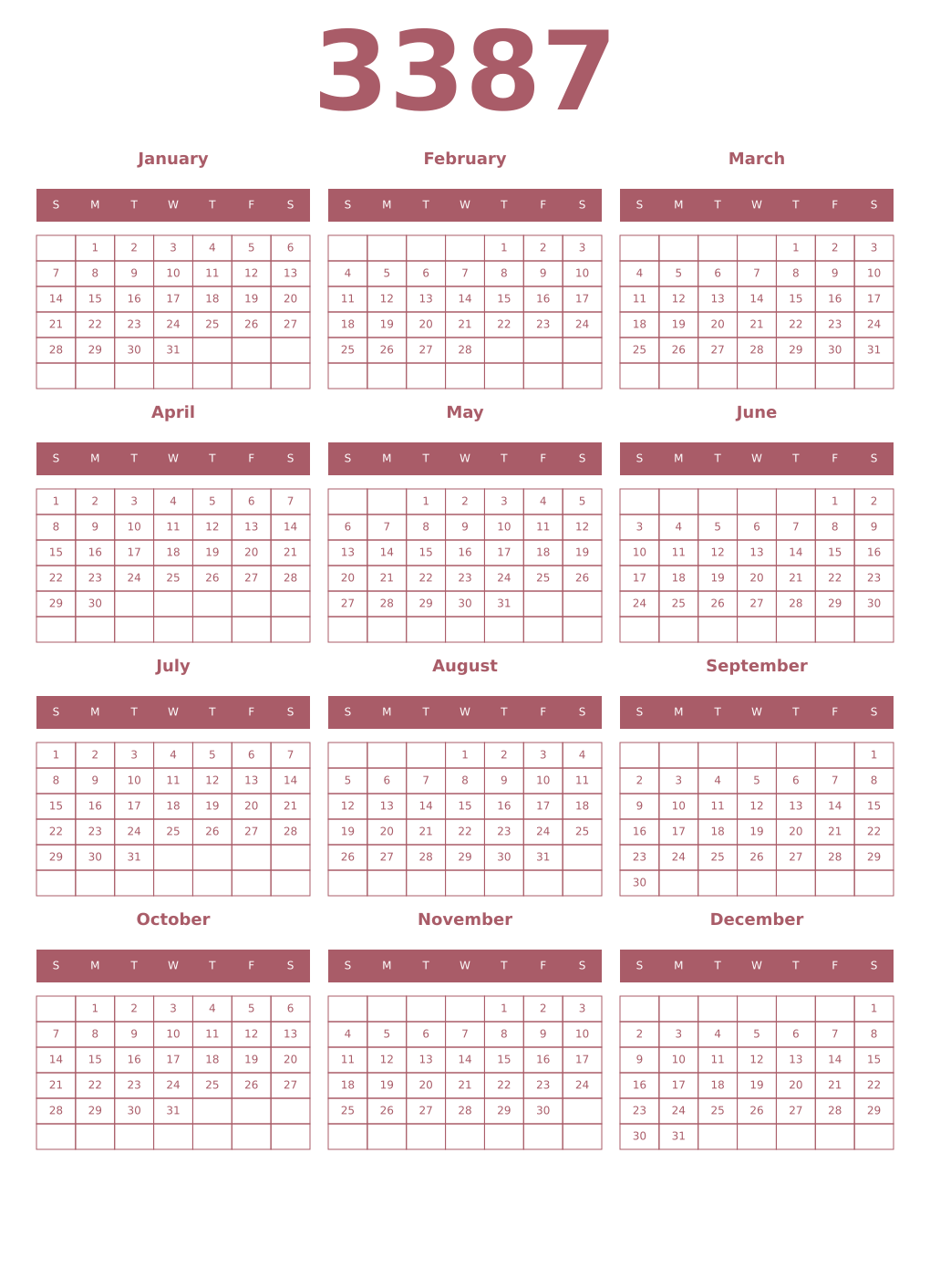 Printable 3387 Year Calendars puce