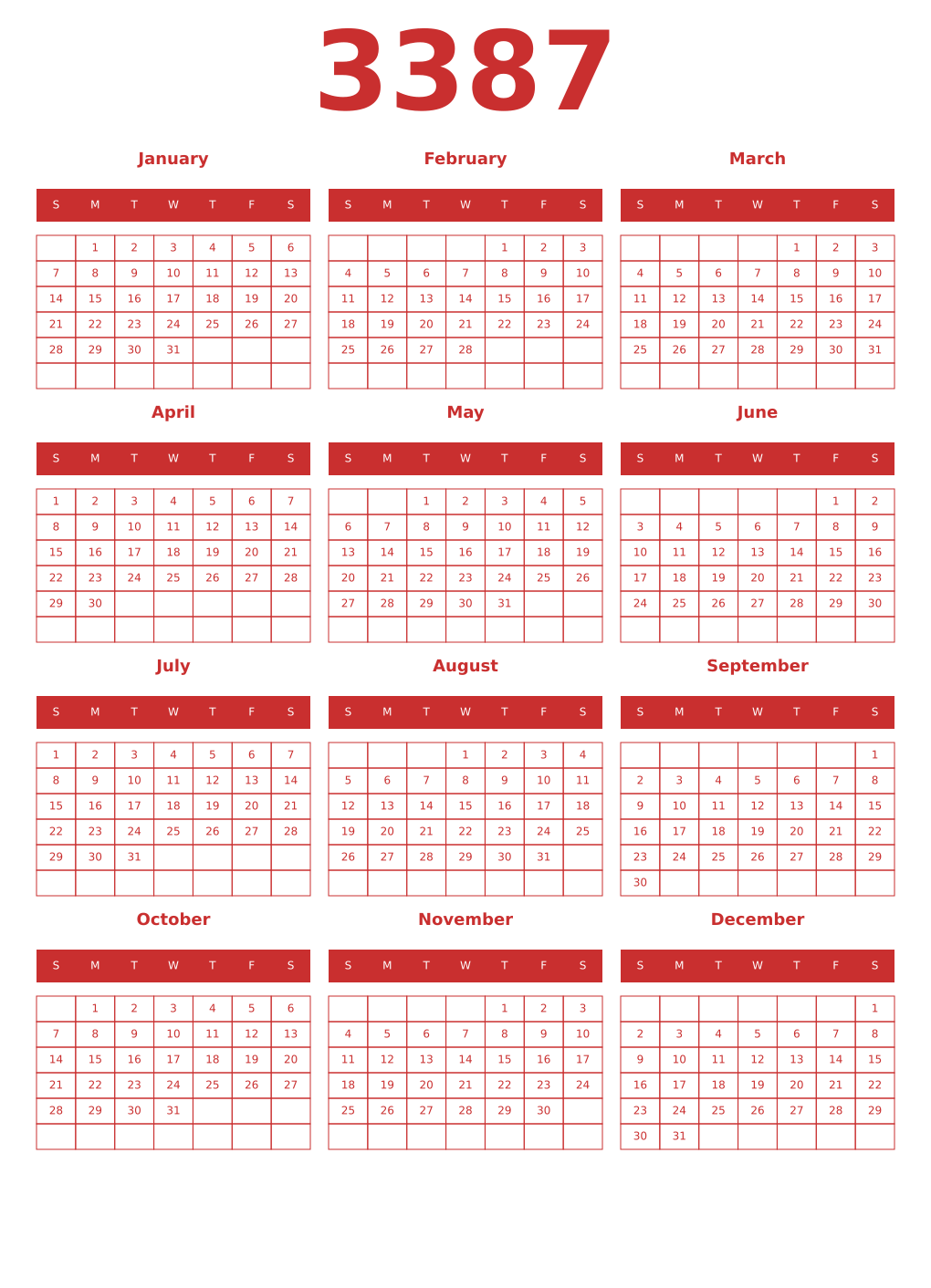 Printable 3387 Year Calendars red