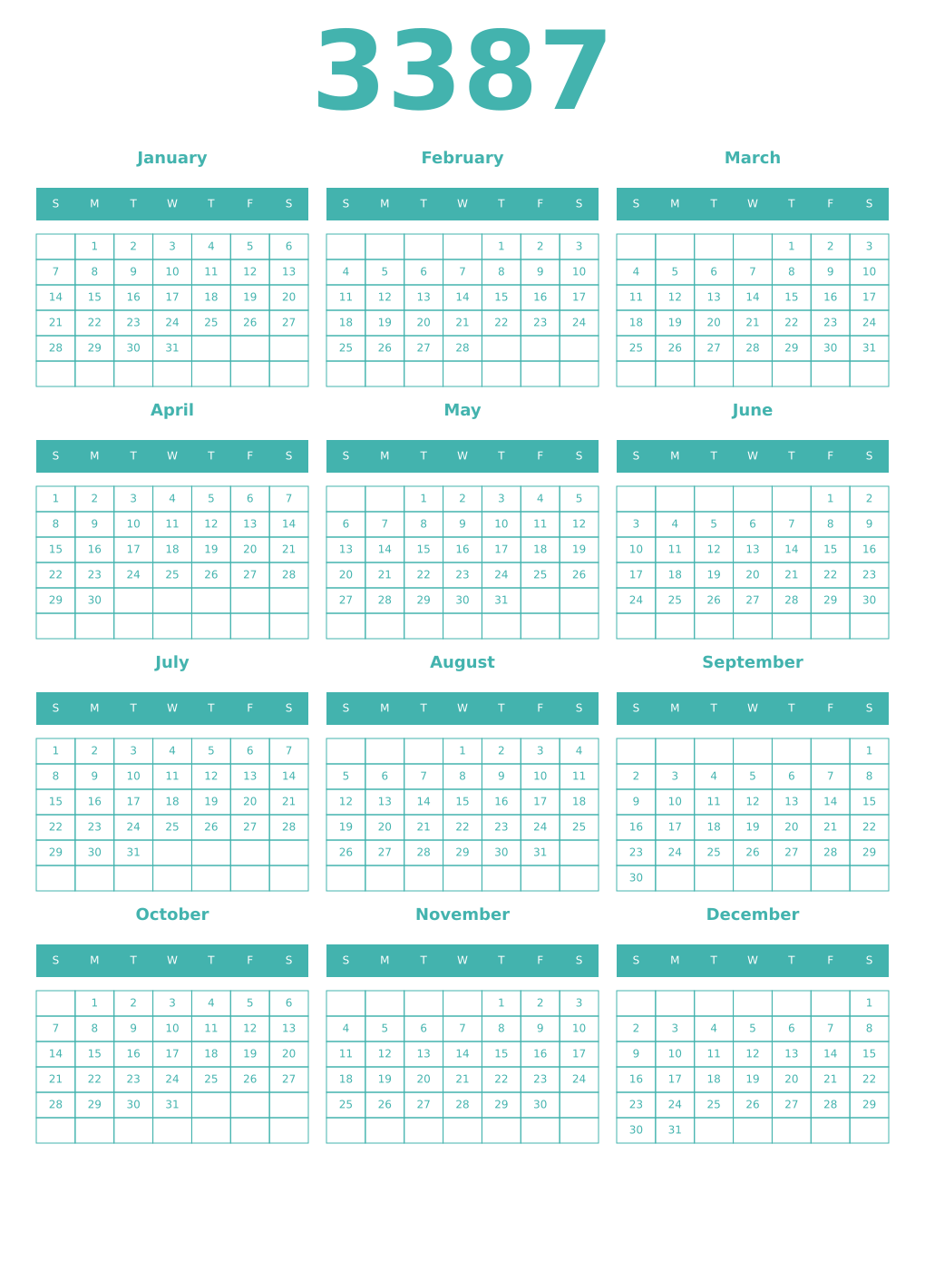Printable 3387 Year Calendars verdigris