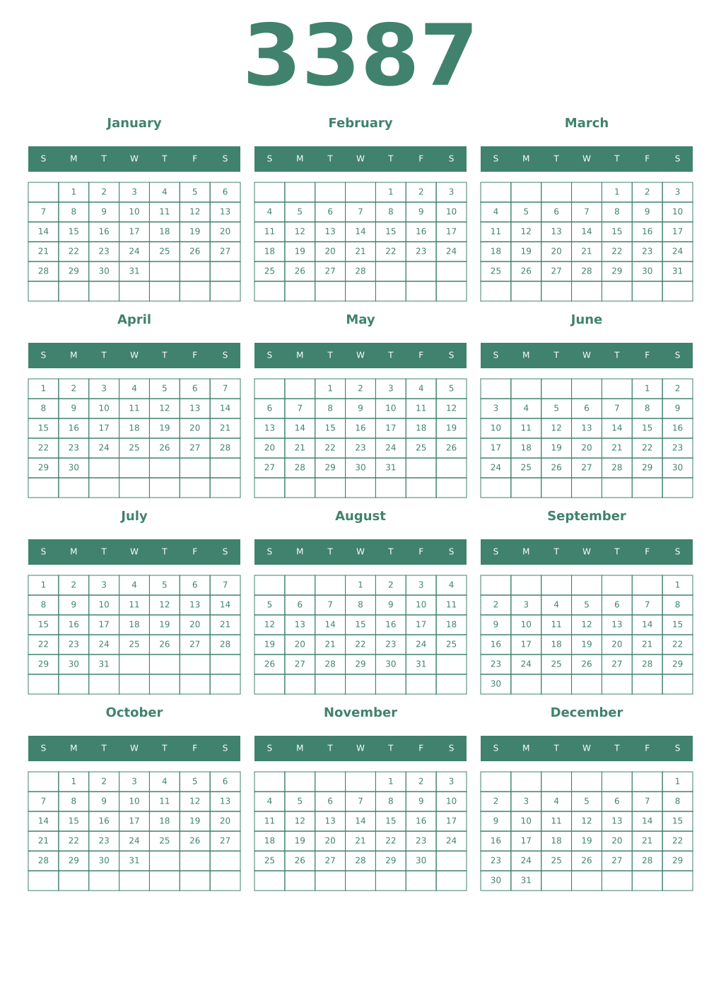 Printable 3387 Year Calendars viridian