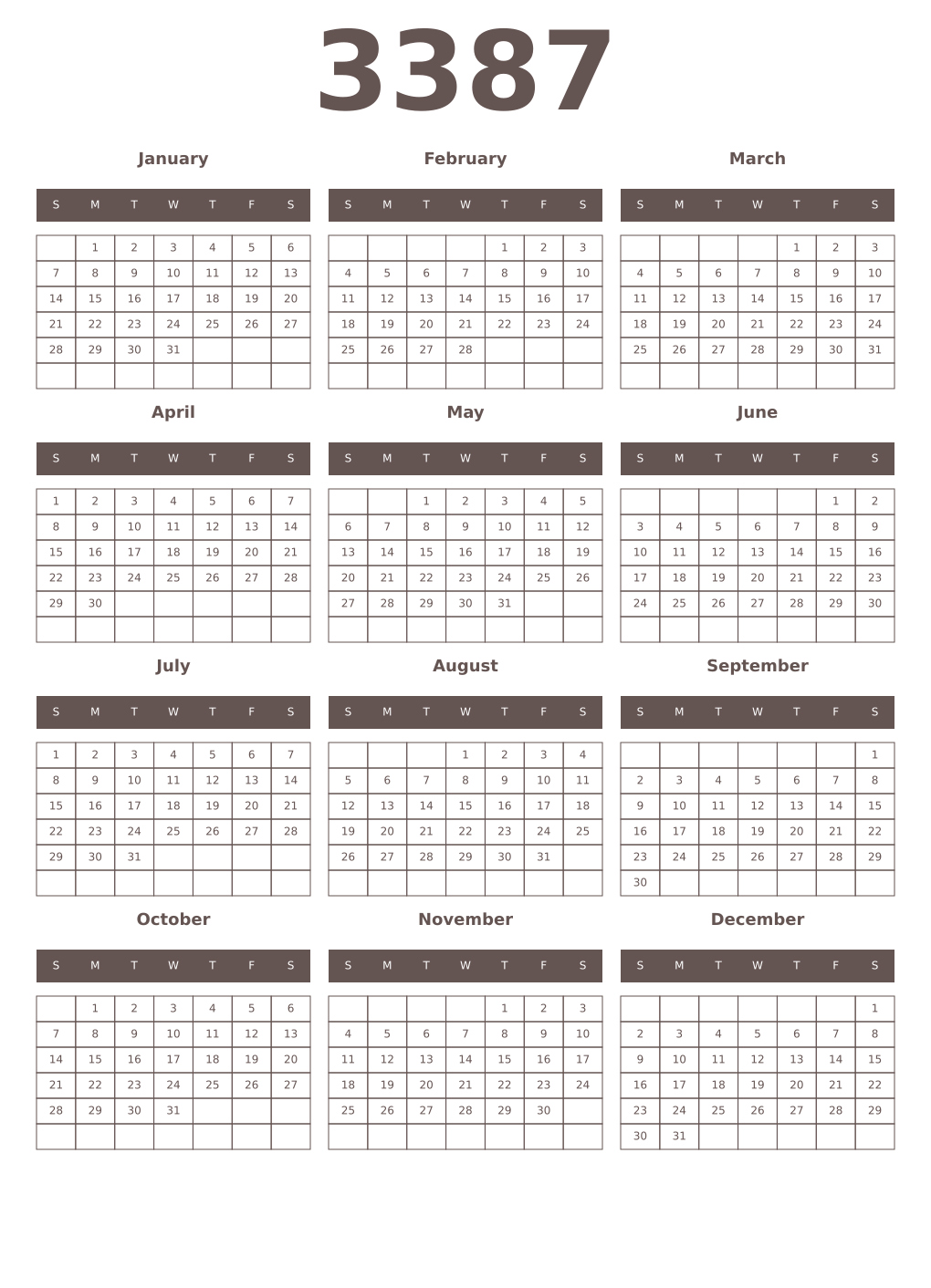 Printable 3387 Year Calendars wenge