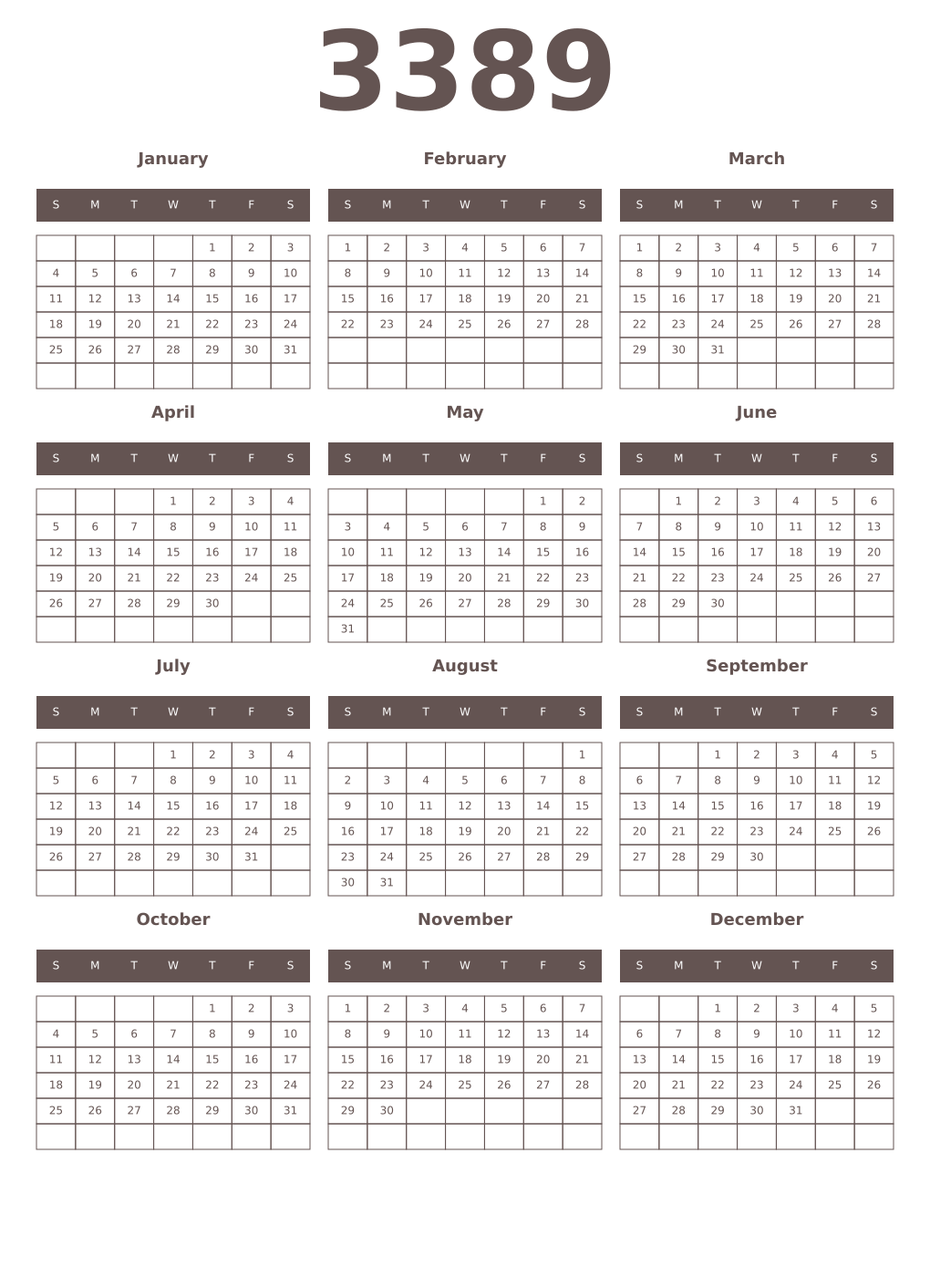 Printable 3389 Year Calendars wenge