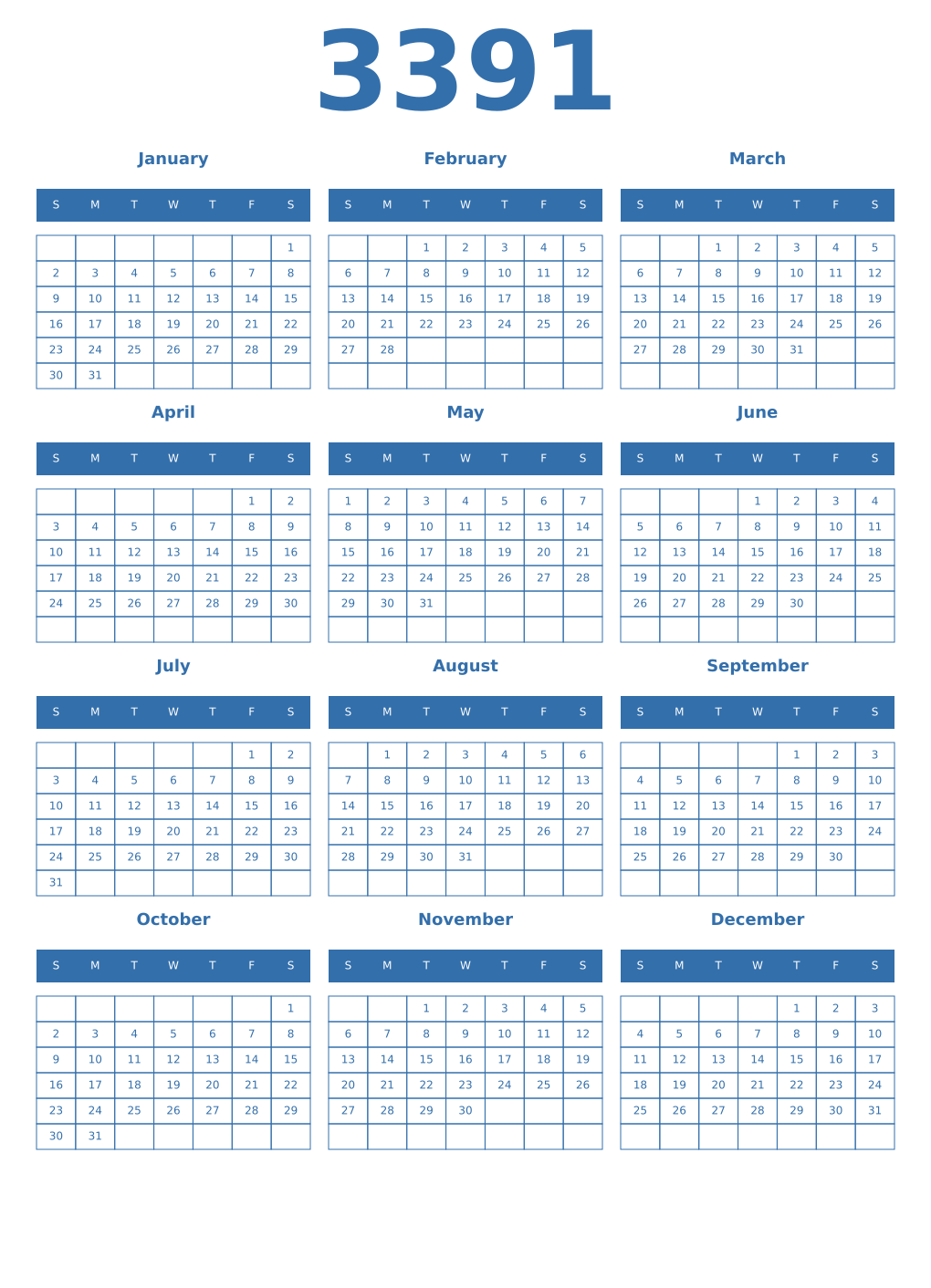 Printable 3391 Year Calendars blue