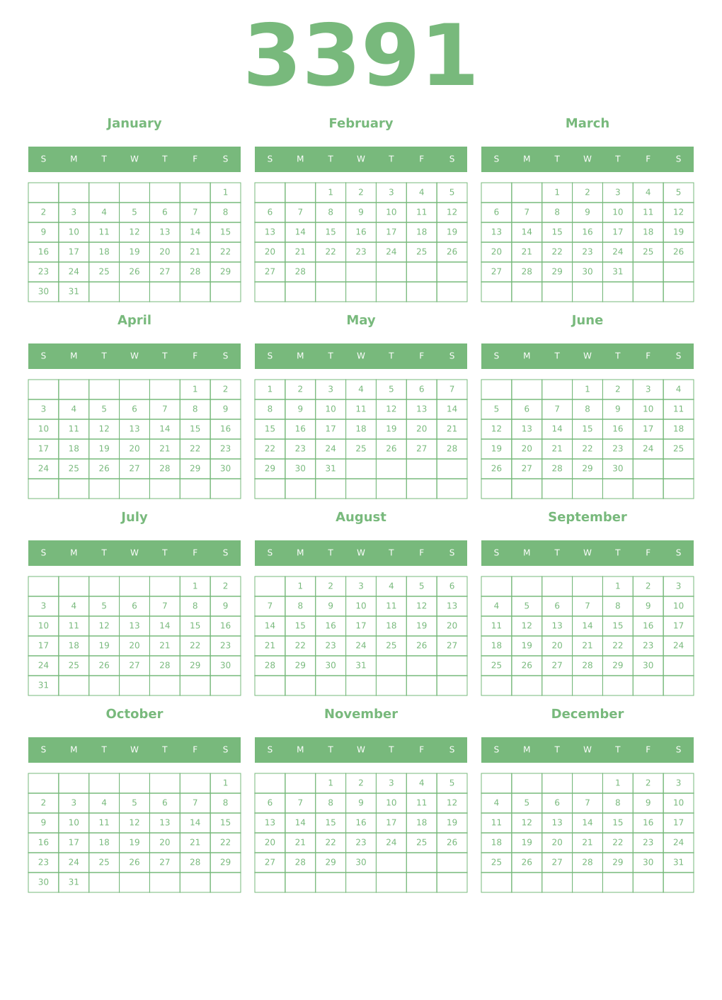 Printable 3391 Year Calendars celadon