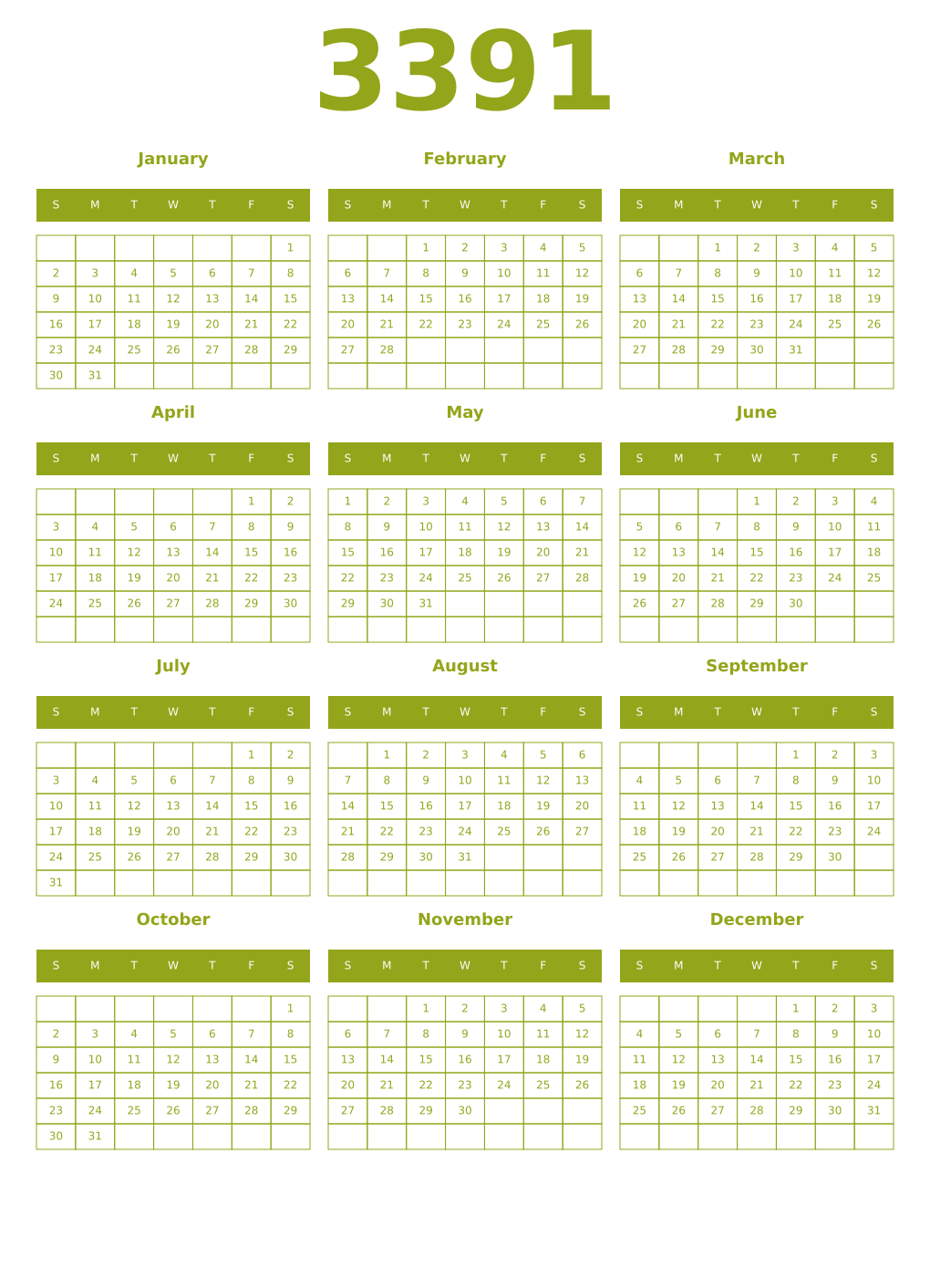 Printable 3391 Year Calendars chartreuse
