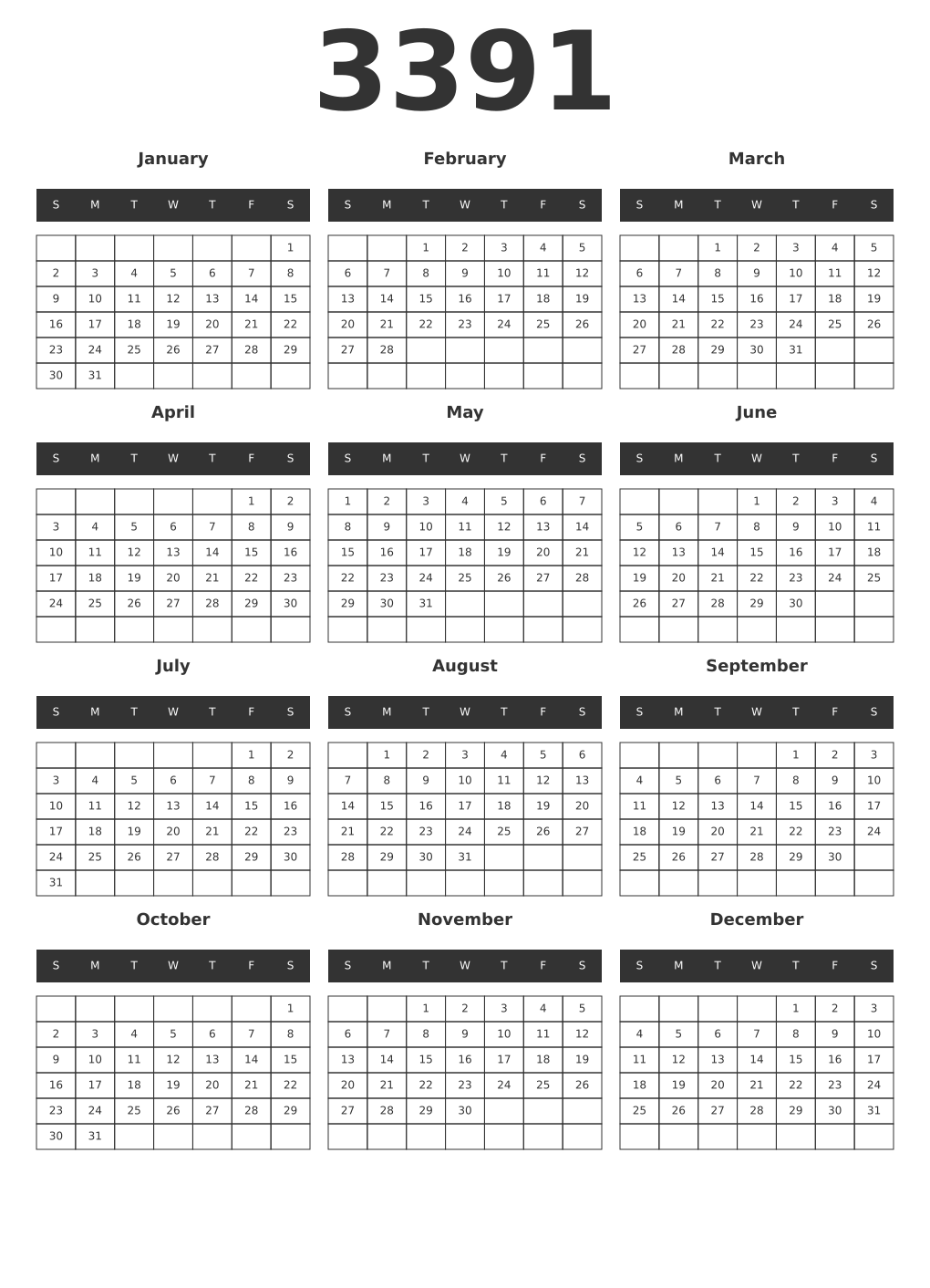 Printable 3391 Year Calendars dark