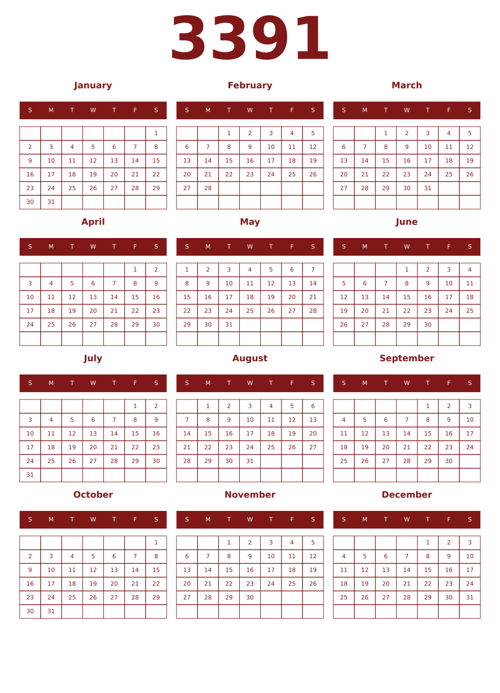 Printable 3391 Year Calendars falu