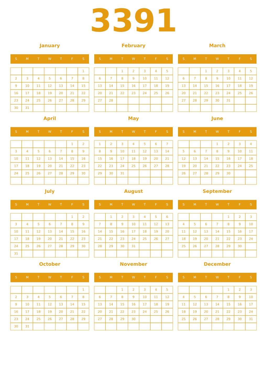 Printable 3391 Year Calendars gamboge