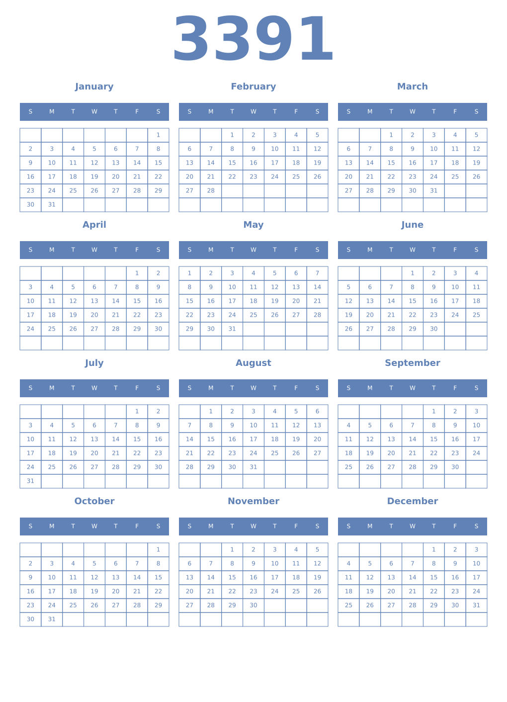 Printable 3391 Year Calendars glaucous