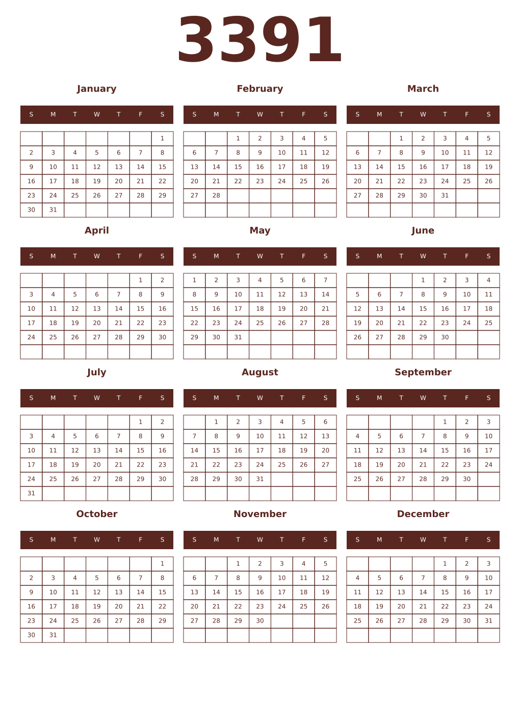 Printable 3391 Year Calendars mortuum