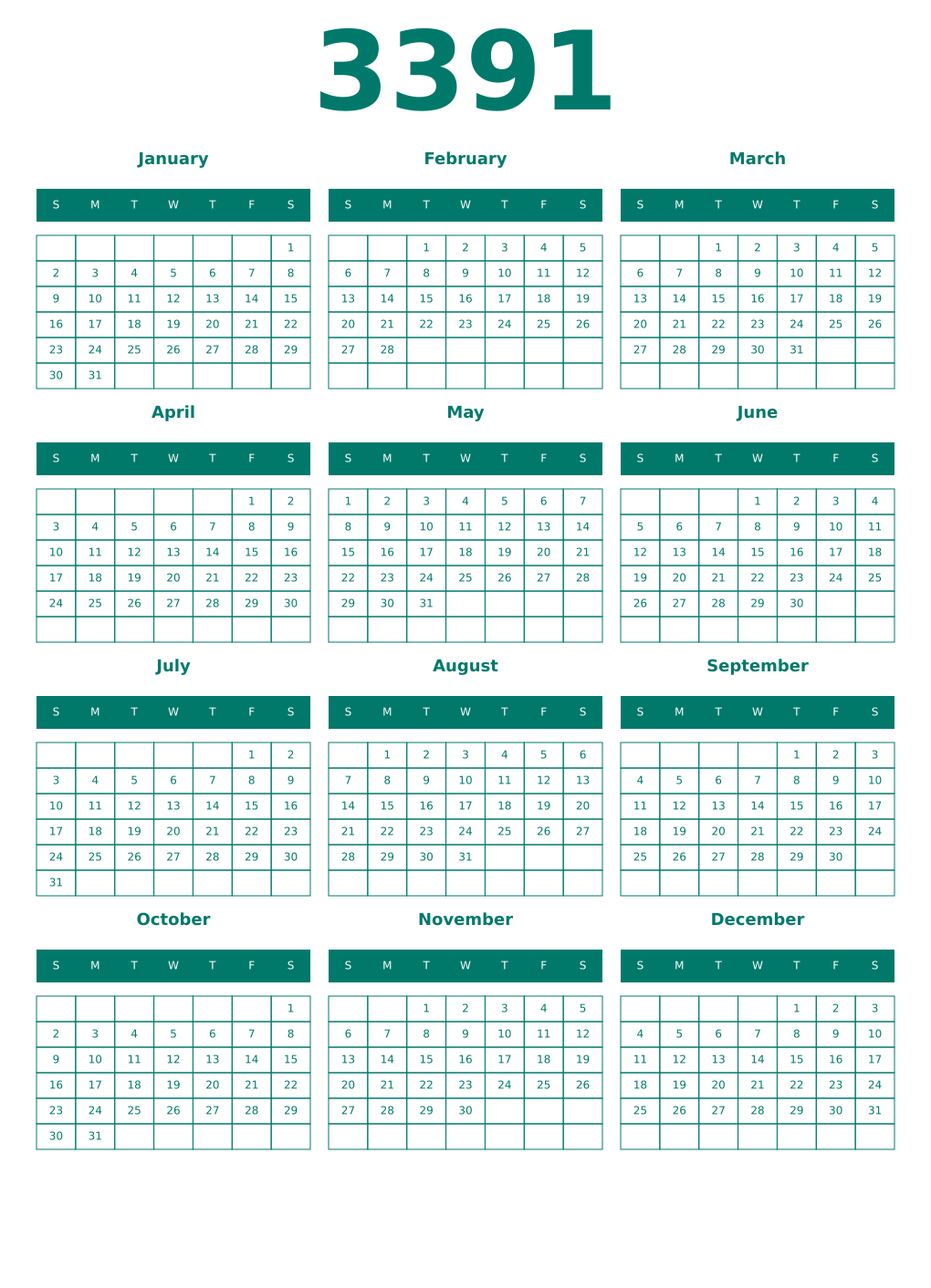 Printable 3391 Year Calendars pastel