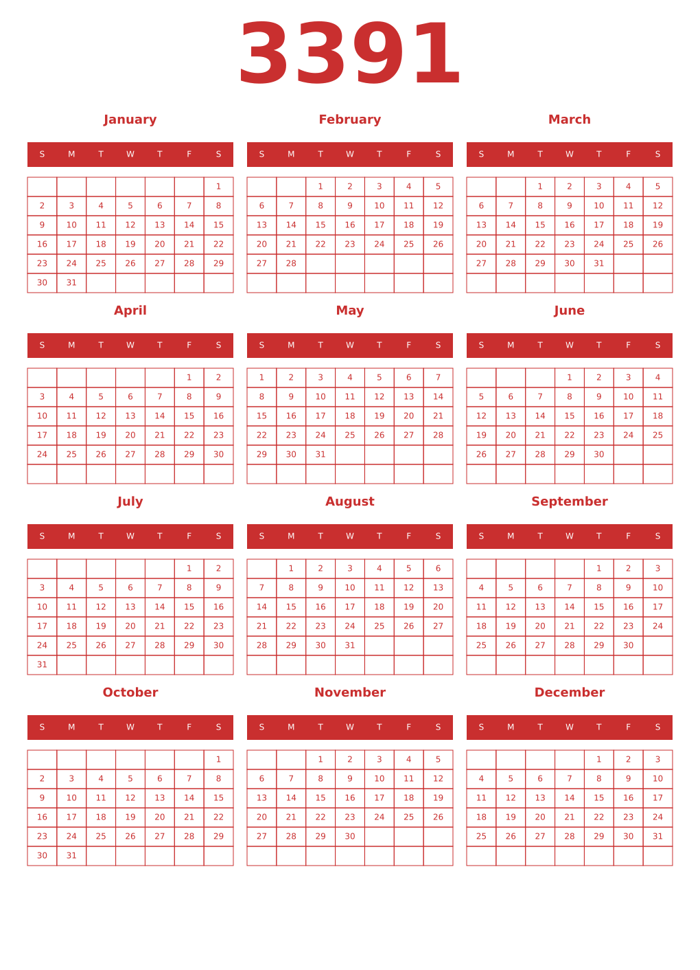 Printable 3391 Year Calendars red