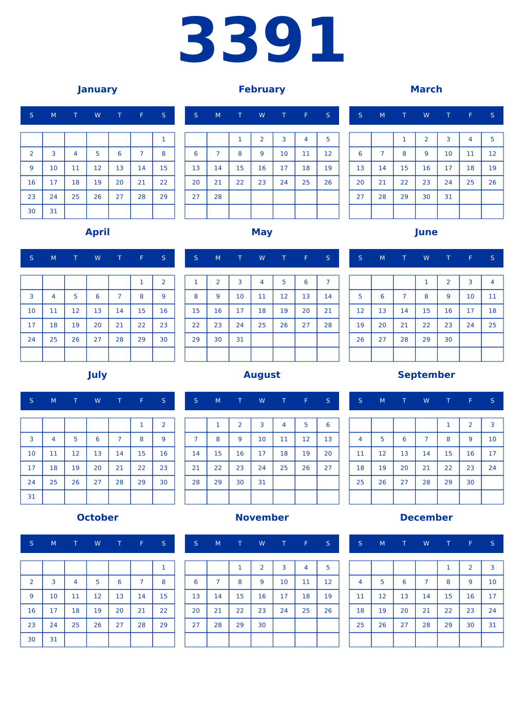 Printable 3391 Year Calendars smalt