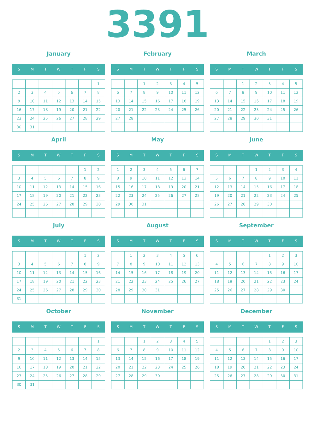 Printable 3391 Year Calendars verdigris