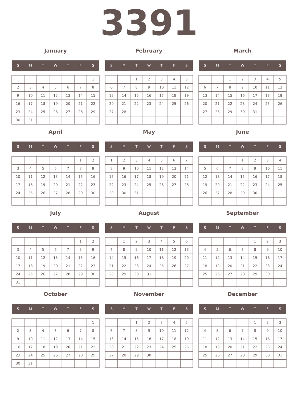 Printable 3391 Year Calendars wenge