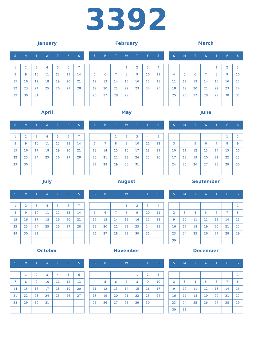 Printable 3392 Year Calendars blue