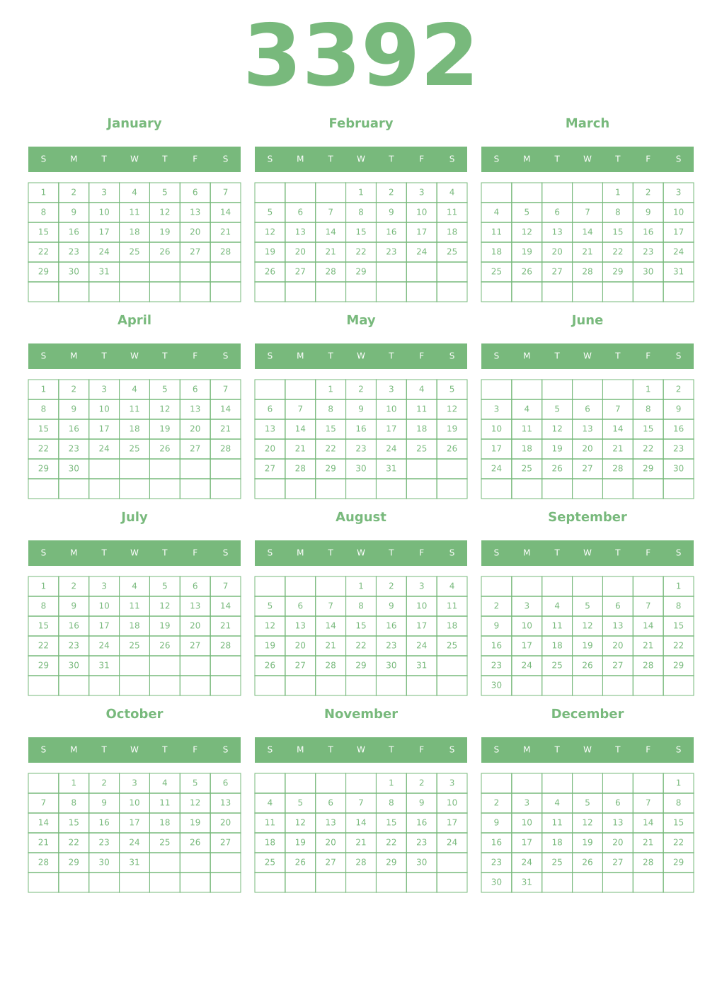 Printable 3392 Year Calendars celadon
