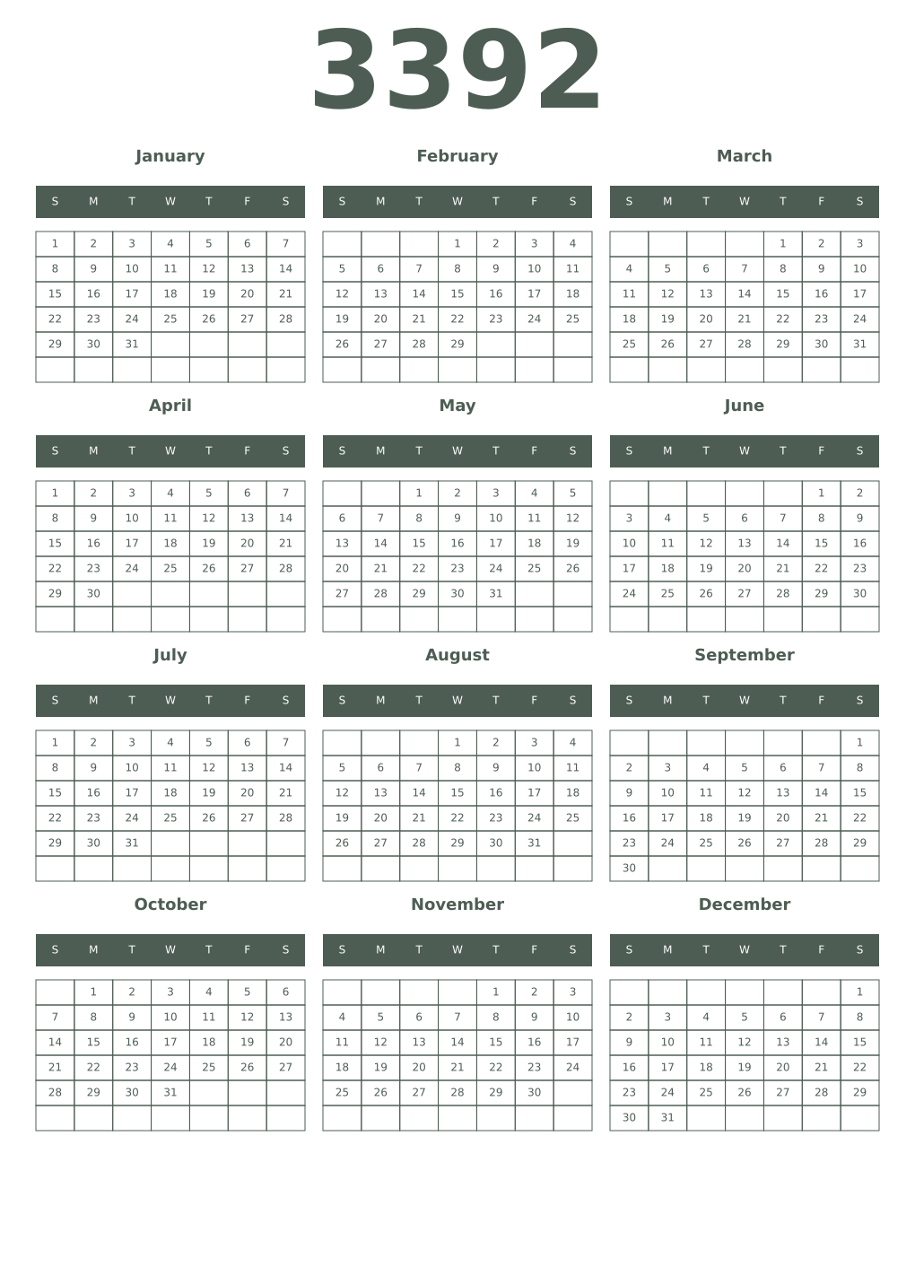 Printable 3392 Year Calendars feldgrau