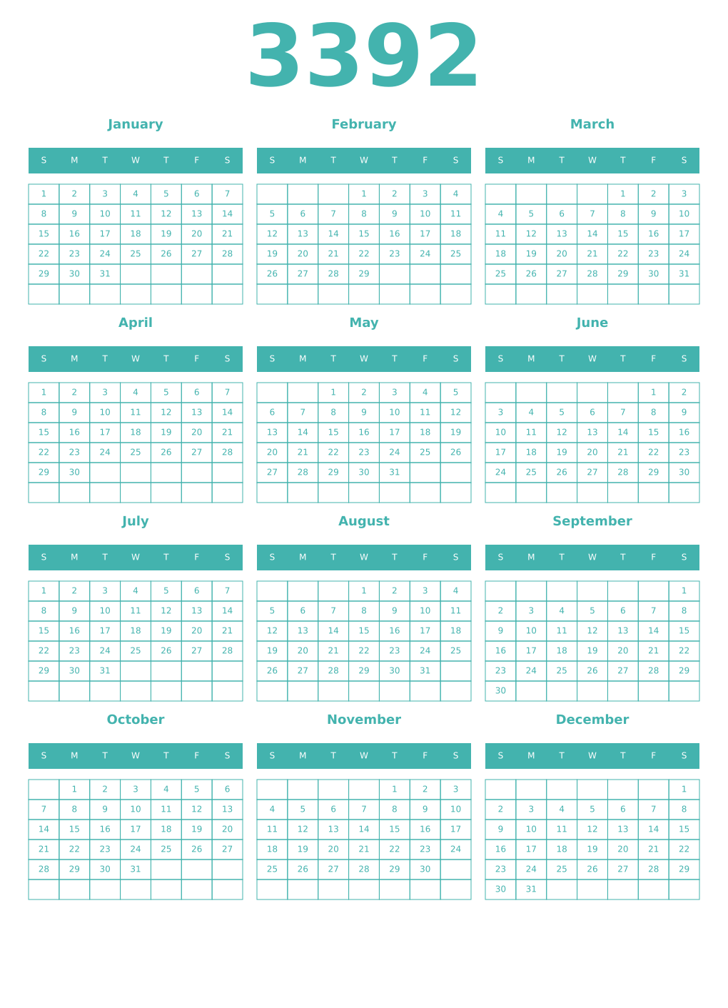 Printable 3392 Year Calendars verdigris