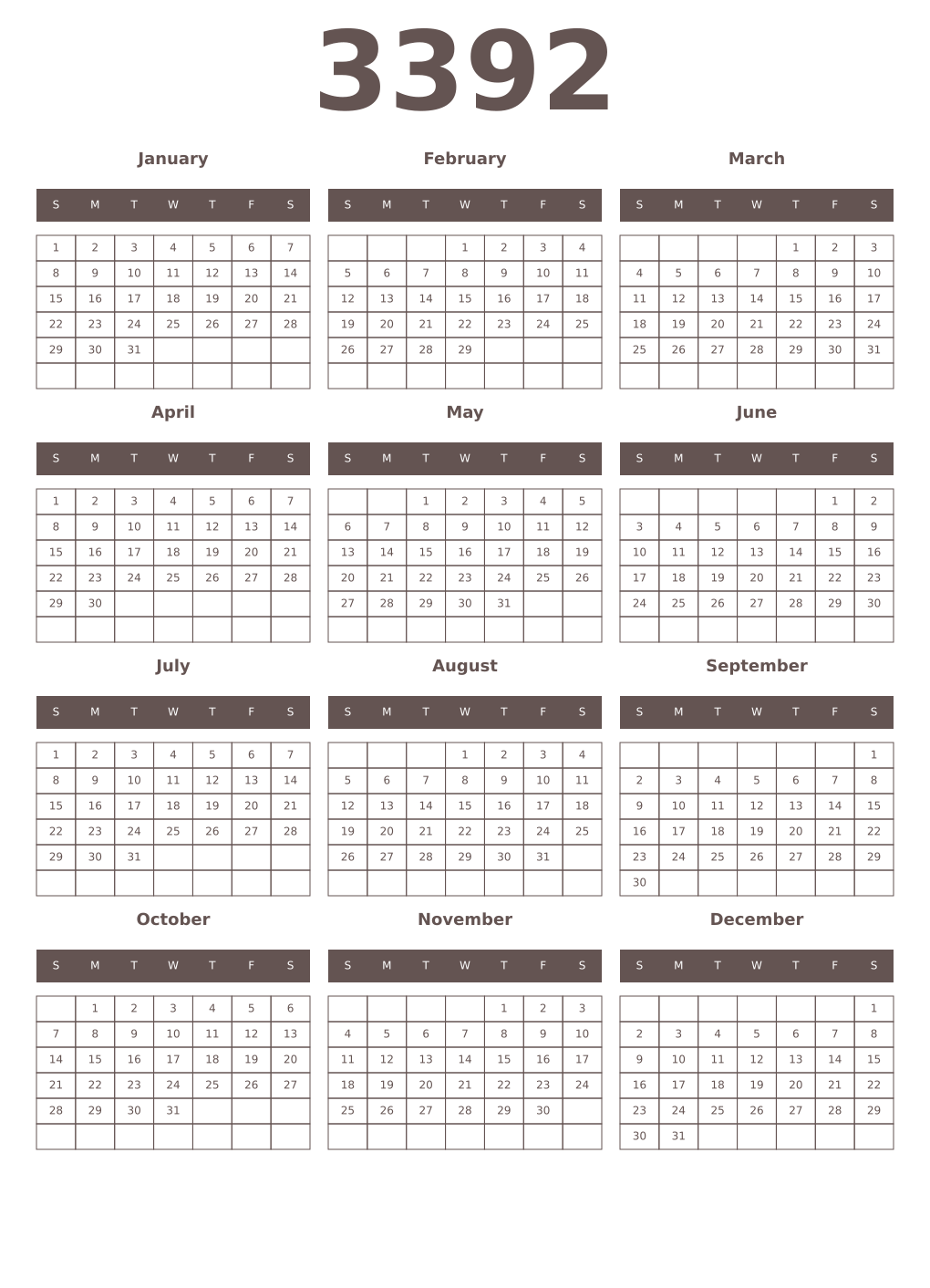Printable 3392 Year Calendars wenge