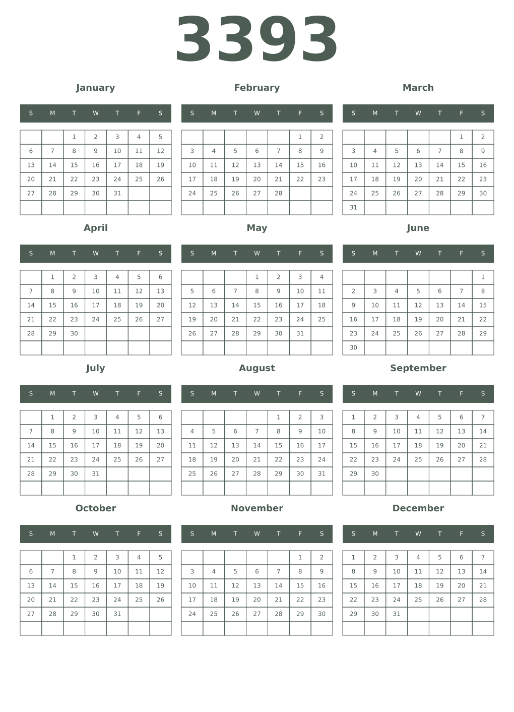 Printable 3393 Year Calendars feldgrau