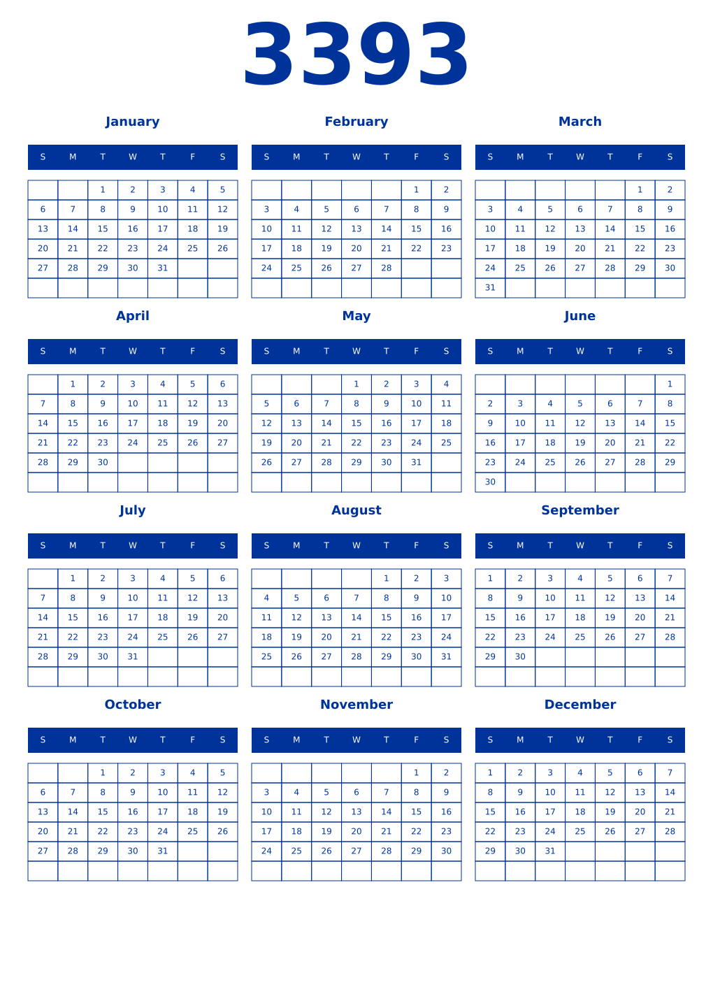 Printable 3393 Year Calendars smalt