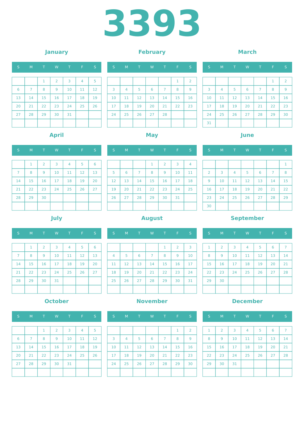 Printable 3393 Year Calendars verdigris