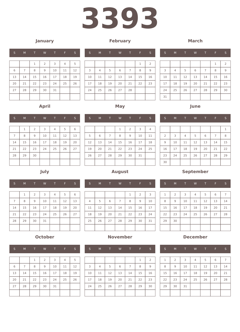 Printable 3393 Year Calendars wenge