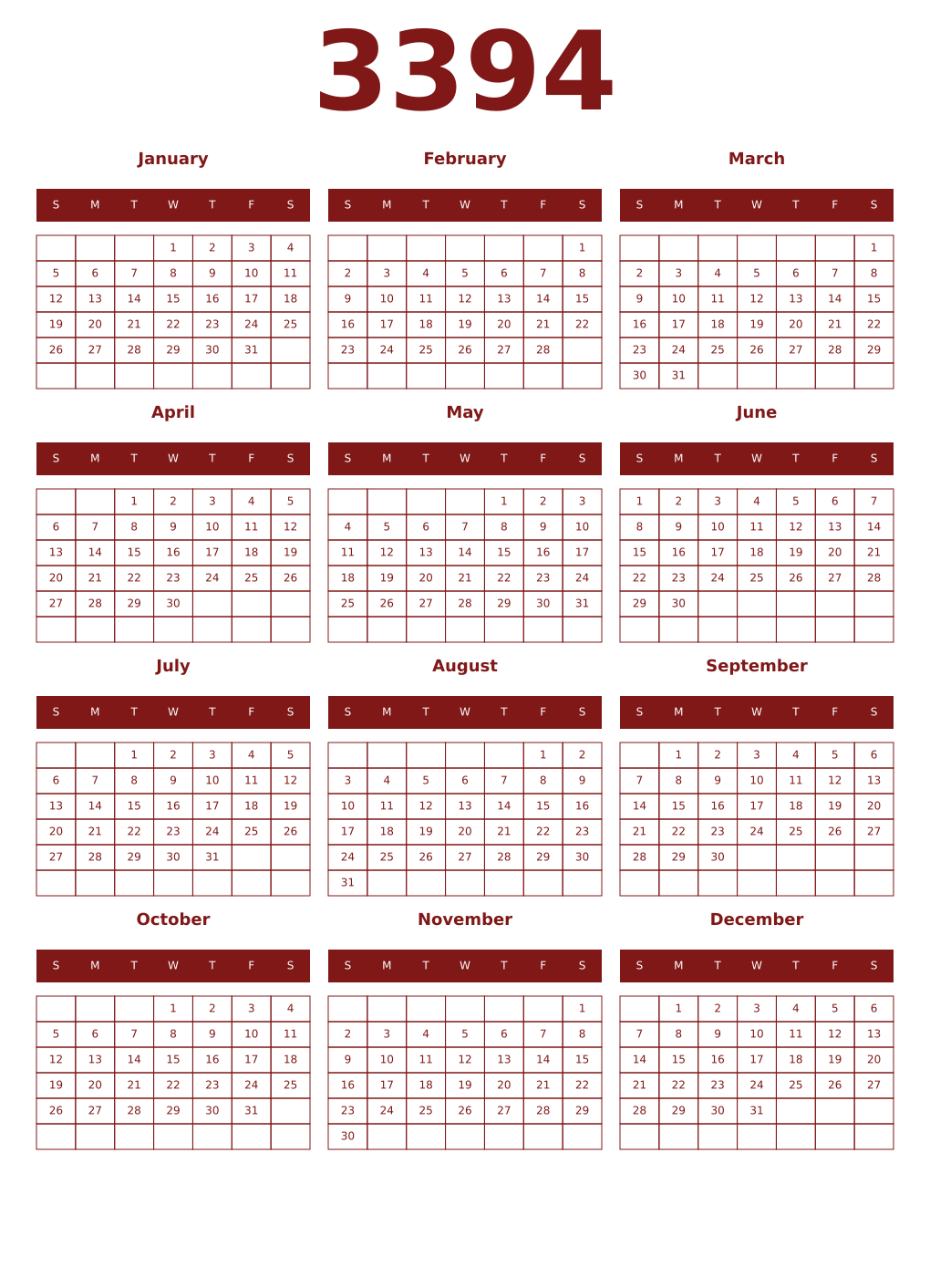 Printable 3394 Year Calendars falu