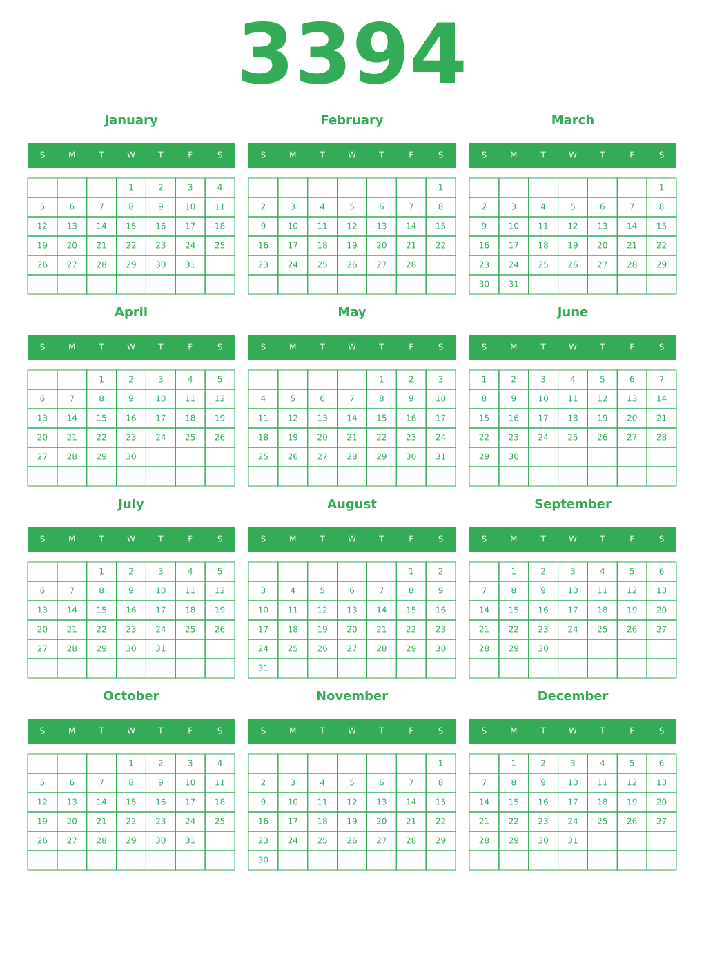 Printable 3394 Year Calendars green