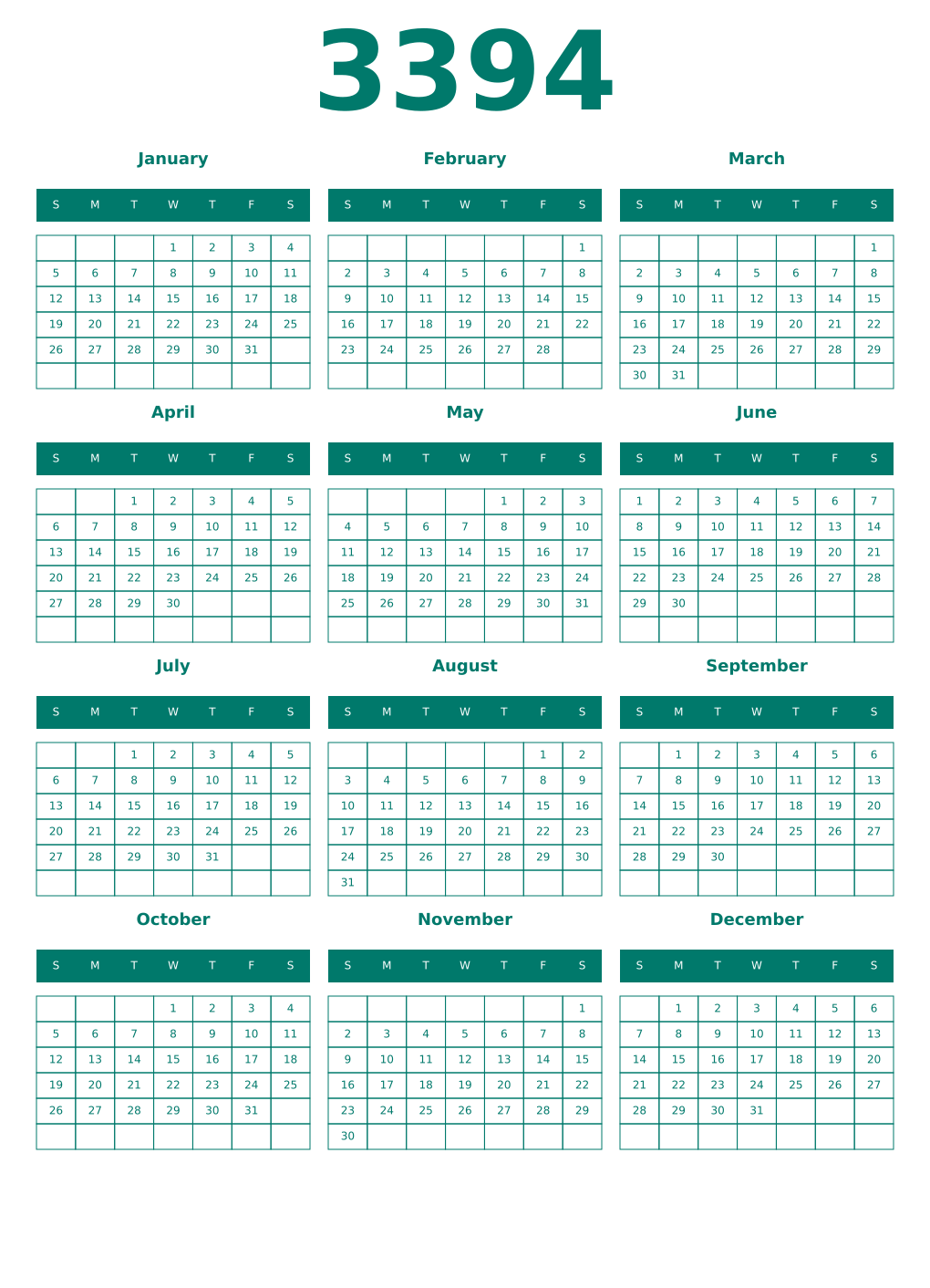 Printable 3394 Year Calendars pastel