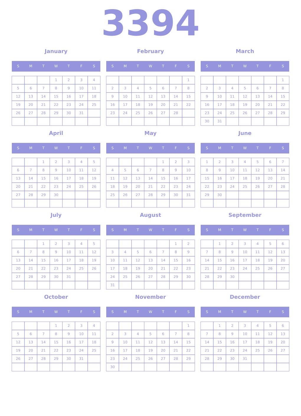 Printable 3394 Year Calendars periwinkle