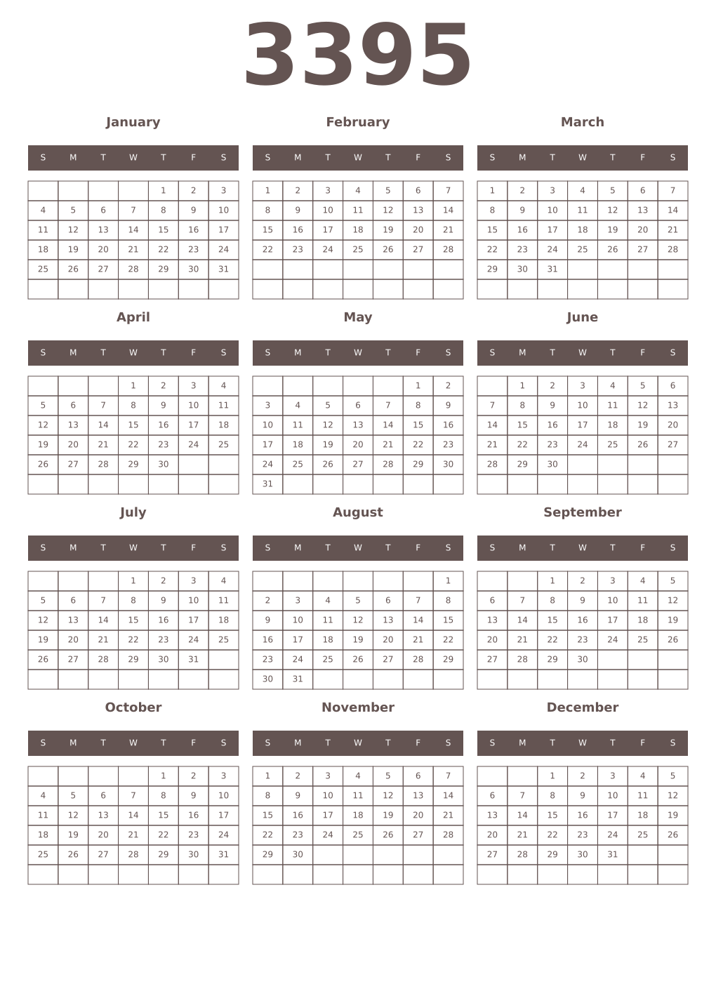 Printable 3395 Year Calendars wenge
