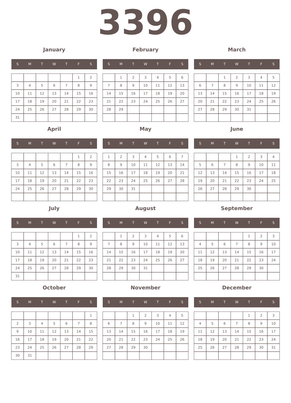 Printable 3396 Year Calendars wenge