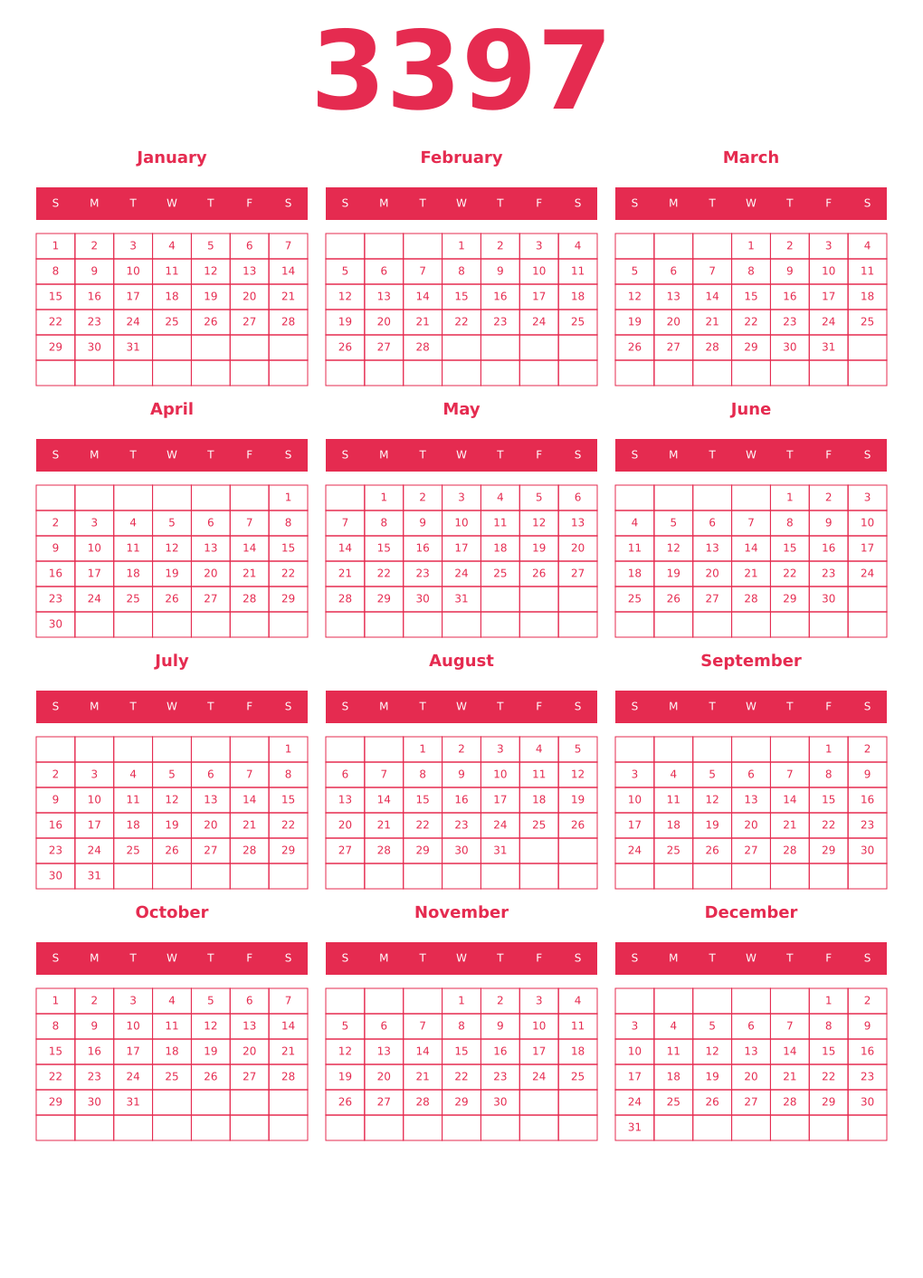 Printable 3397 Year Calendars amaranth