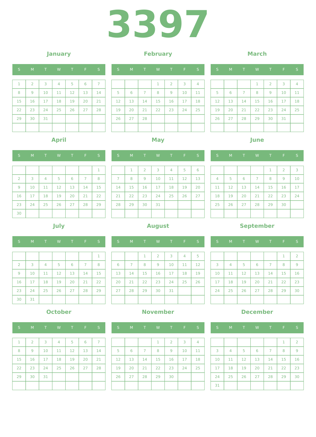 Printable 3397 Year Calendars celadon