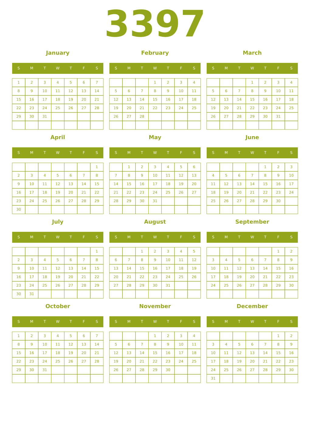 Printable 3397 Year Calendars chartreuse