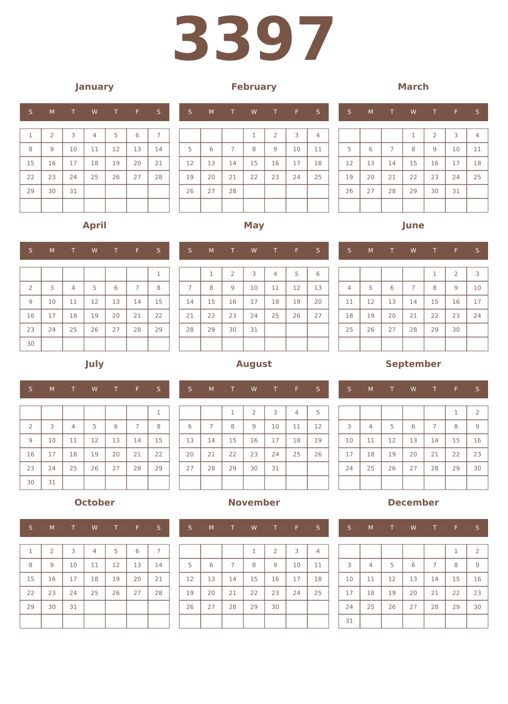 Printable 3397 Year Calendars coffe